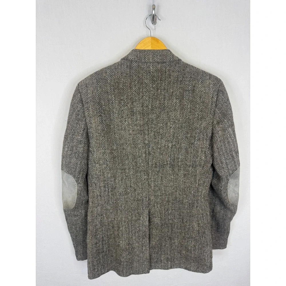 Harris Tweed Mens 40L Tall Brown Herringbone Wool Blazer Elbow Patches